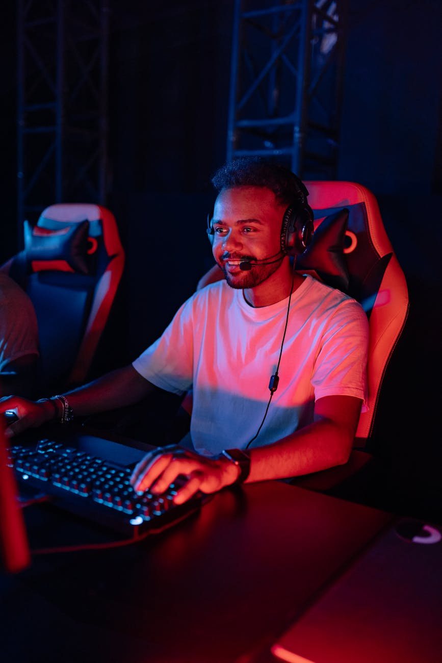 Player in gaming chair during competitive match review and tactical breakdown session